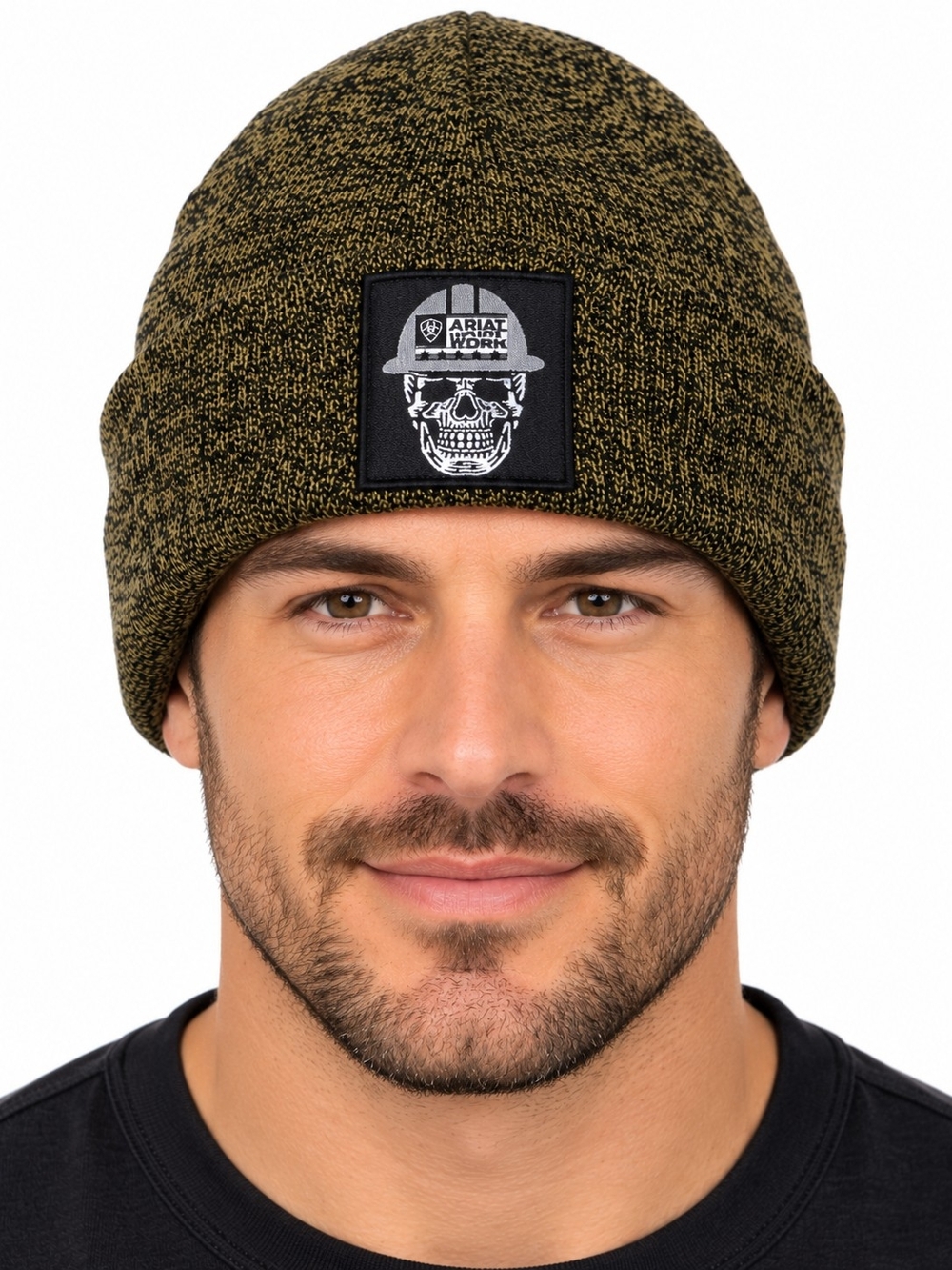 ARIAT Military Olive and Black Marled Skull Patch Beanie Cap - SIZE OS NWT